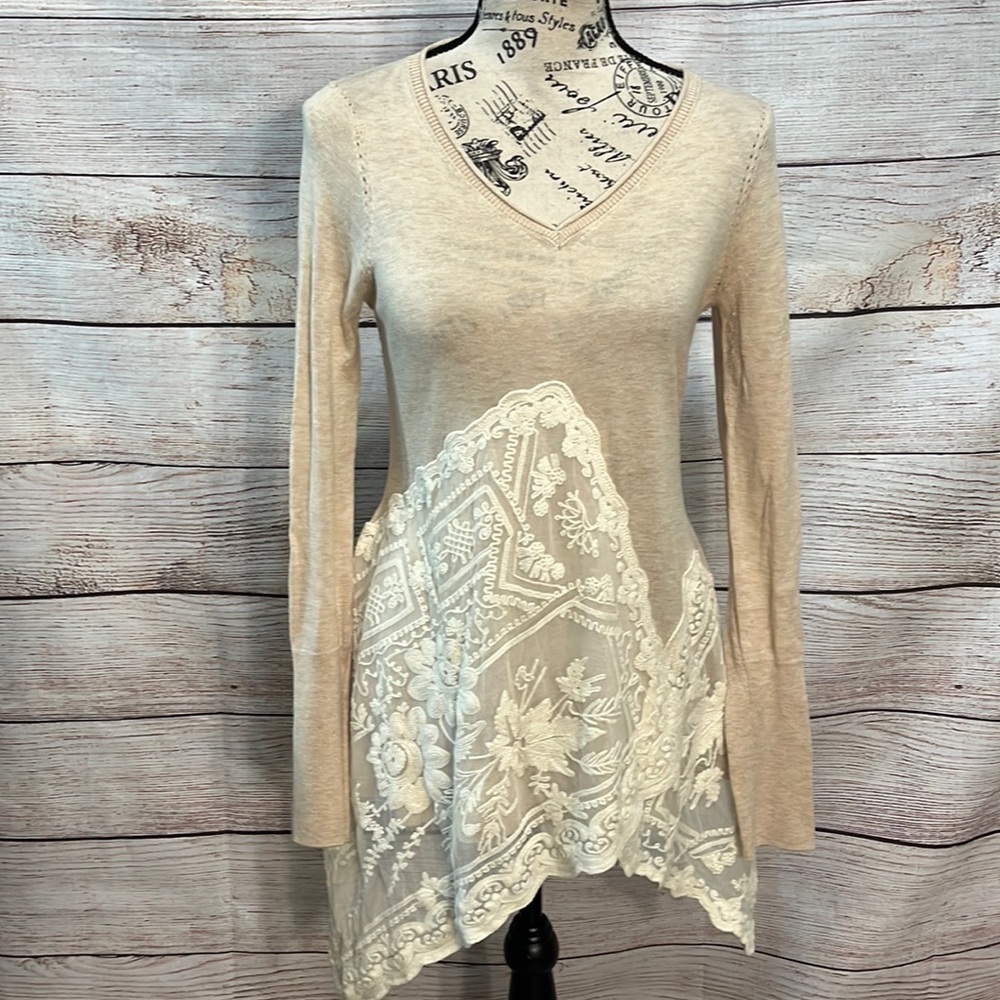 Anthropologie Angel of the North Sweater Lace Tunic Size Small Camel Cream